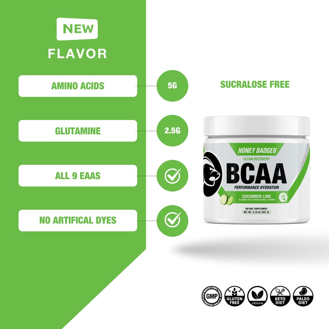 Honey Badger BCAA + EAA powder dissolving in water for hydration.