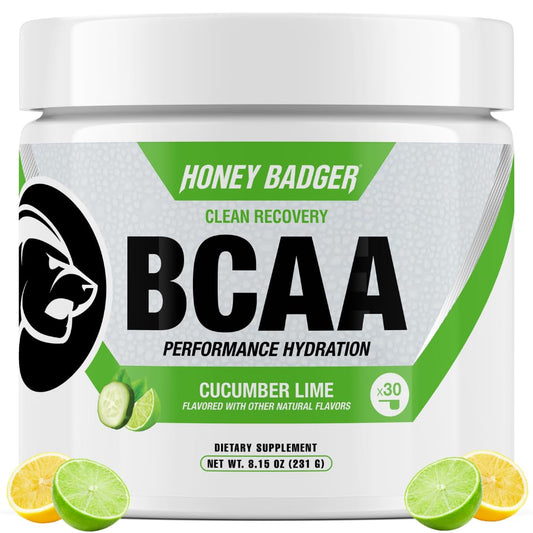Honey Badger BCAA + EAA tub front showing vegan formula for post-workout recovery.
