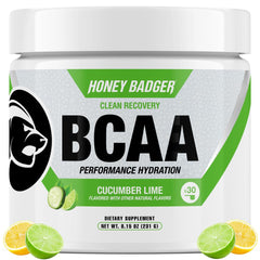 Honey Badger BCAA + EAA tub front showing vegan formula for post-workout recovery.