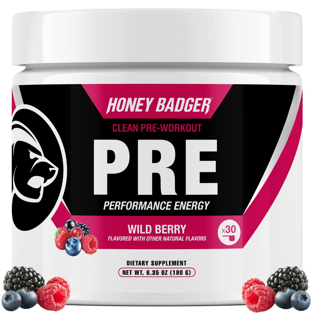 Honey Badger Pre Workout bottle showcasing clean energy and zero sugar appeal