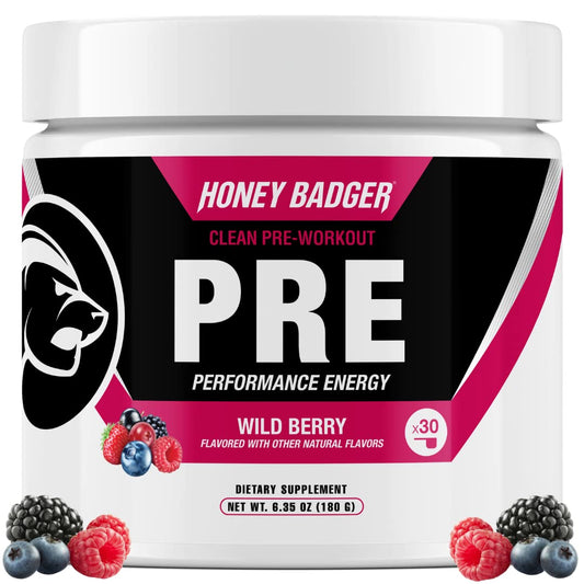 Honey Badger Pre Workout bottle showcasing clean energy and zero sugar appeal