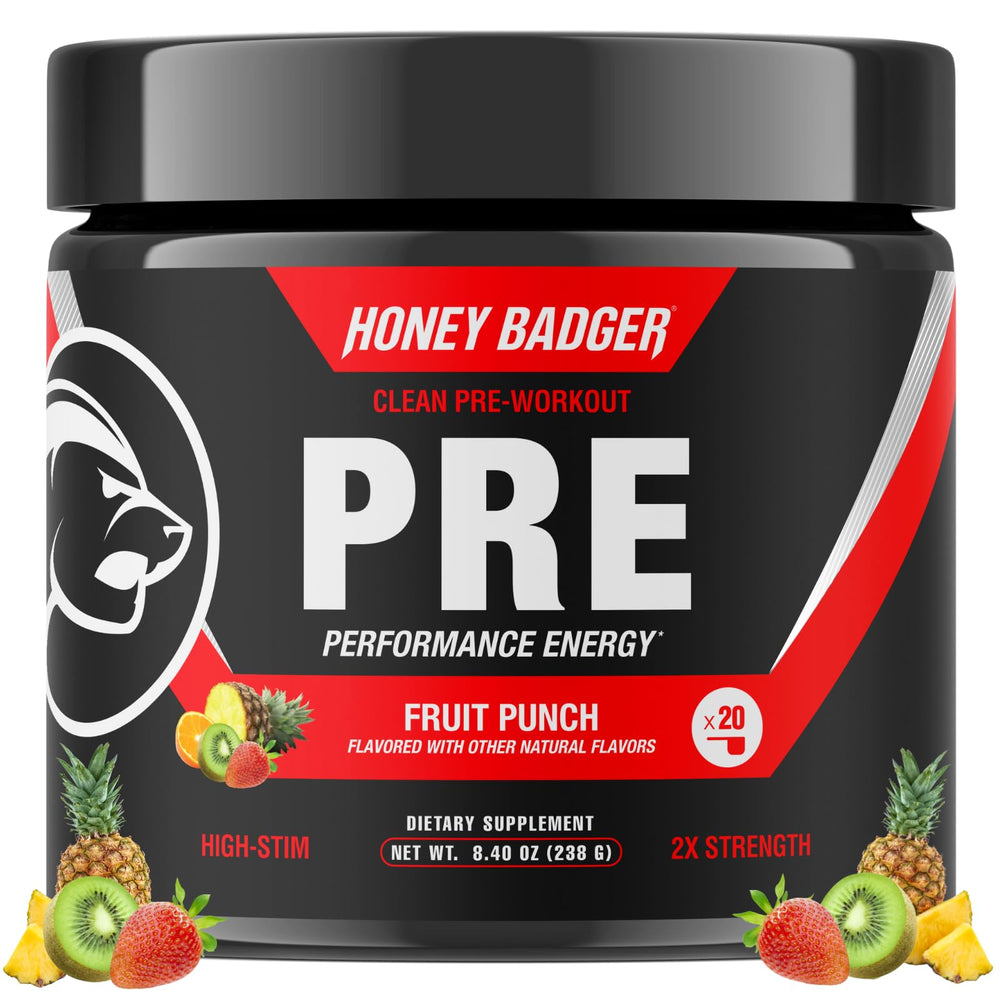 Honey Badger pre-workout powder Fruit Punch bottle ready for focus and energy