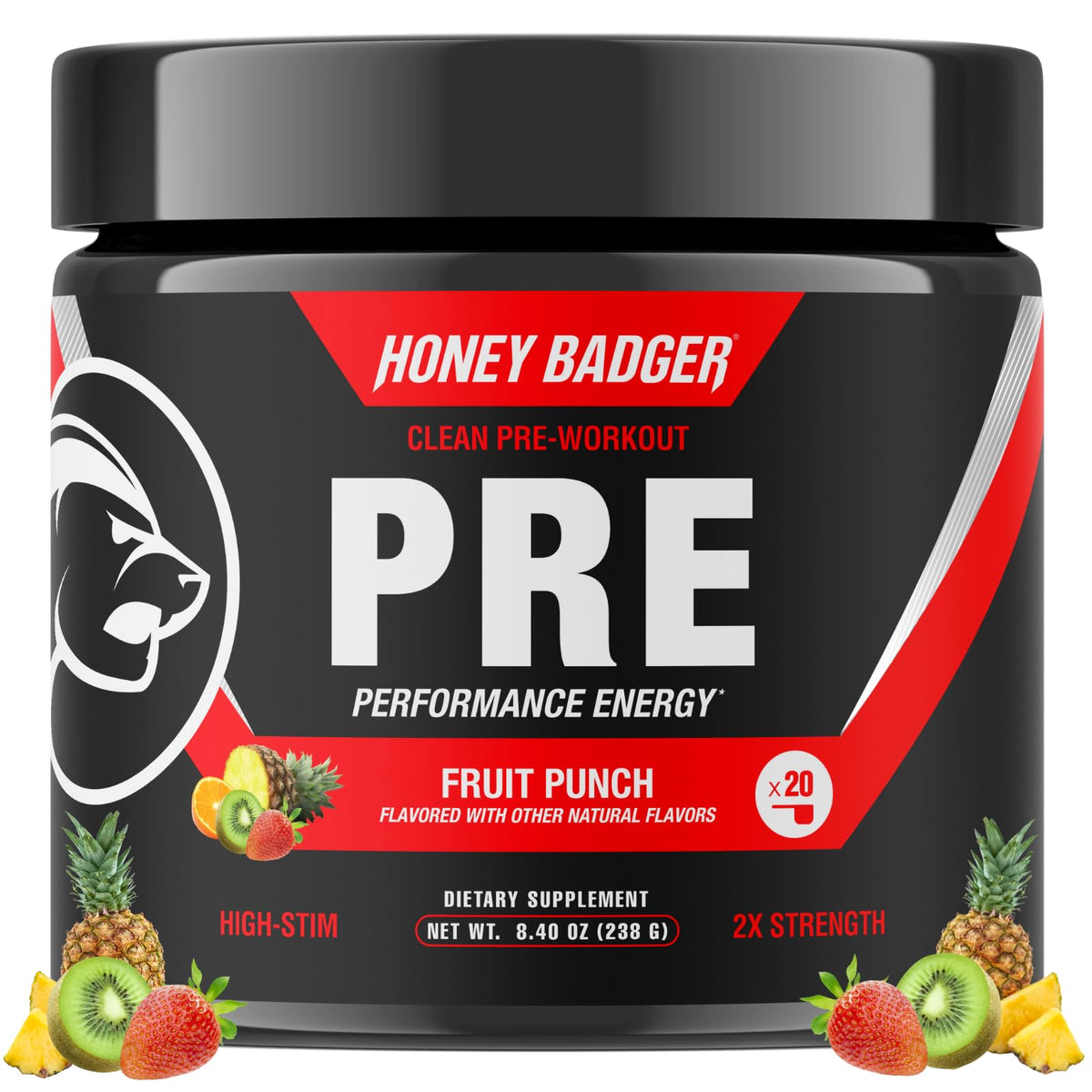 Honey Badger pre-workout powder Fruit Punch bottle ready for focus and energy
