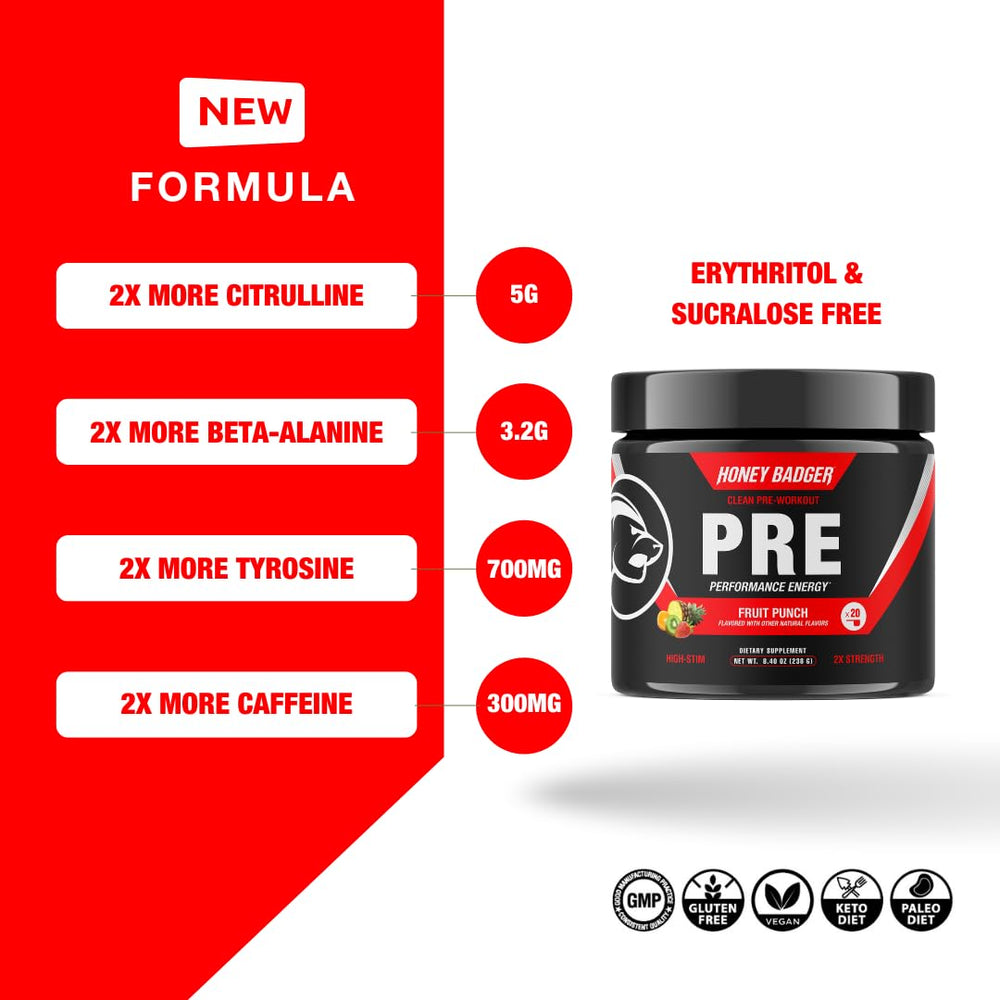 Honey Badger pre-workout powder scoop measuring clean, fast-absorbing energy