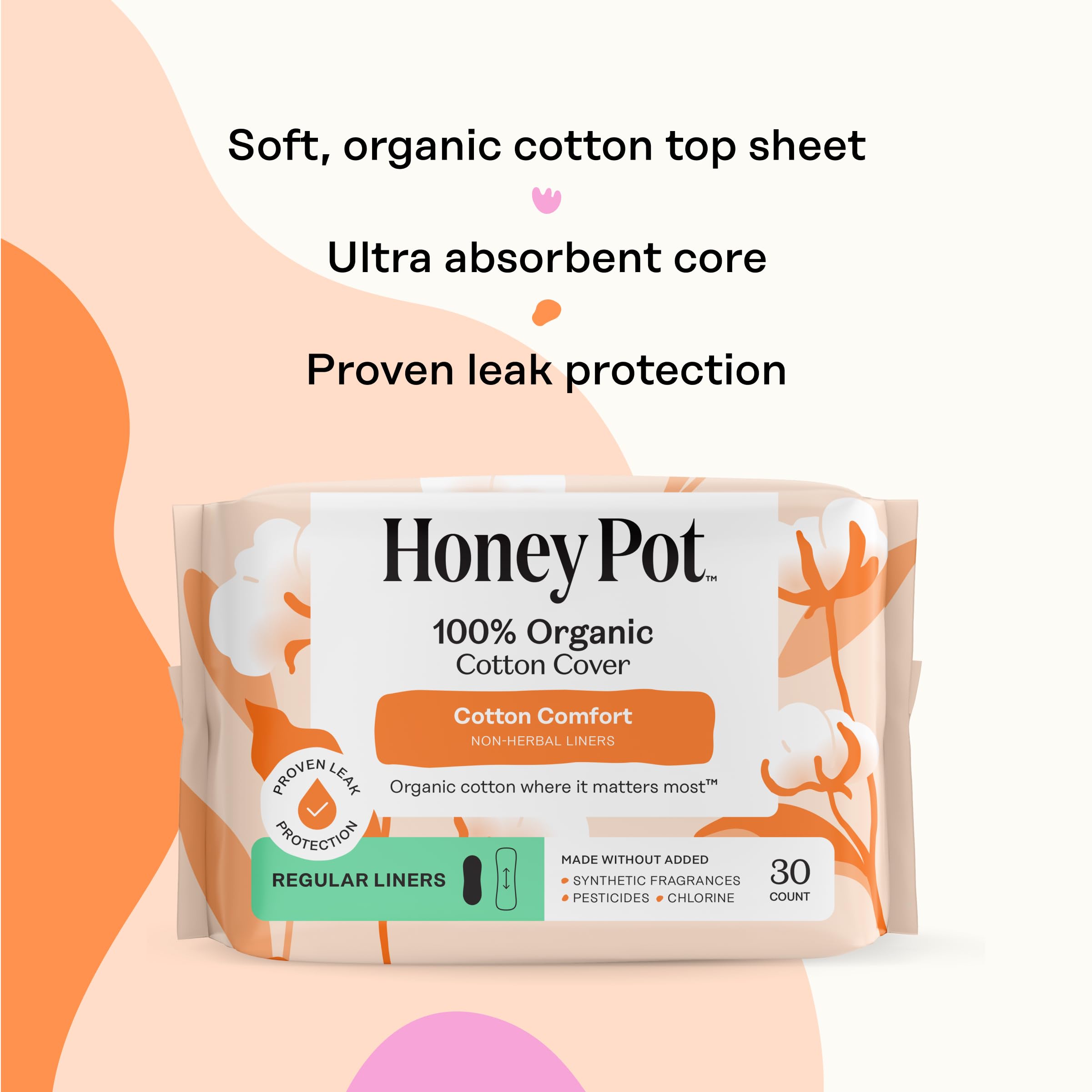 Dermatologist-tested The Honey Pot pantyliner features skin-friendly branding on packaging.