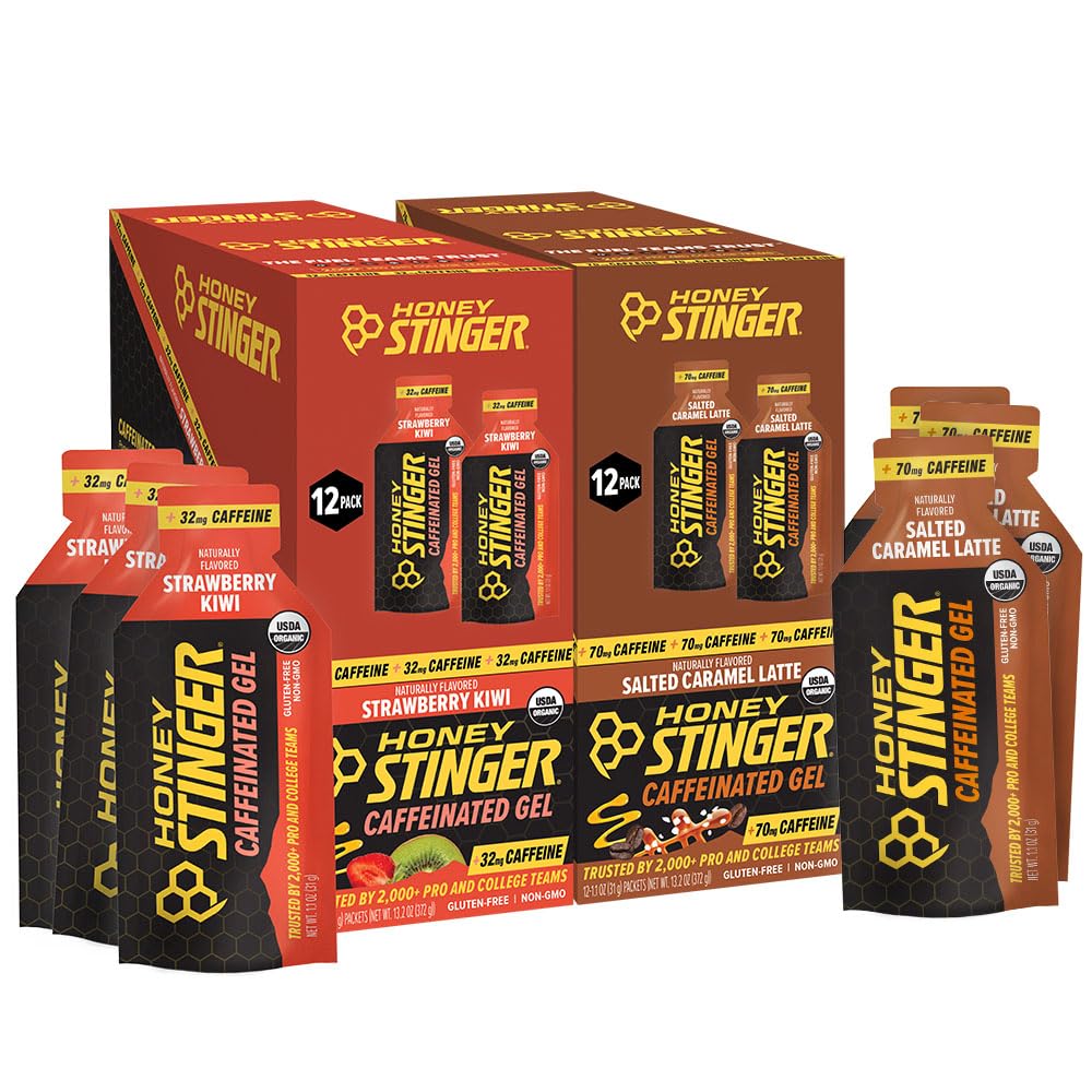 Honey Stinger caffeinated energy gel salted caramel latte, convenient 100-cal pack for on-the-go energy