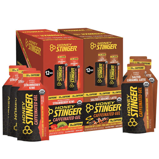 Honey Stinger caffeinated energy gel salted caramel latte, convenient 100-cal pack for on-the-go energy