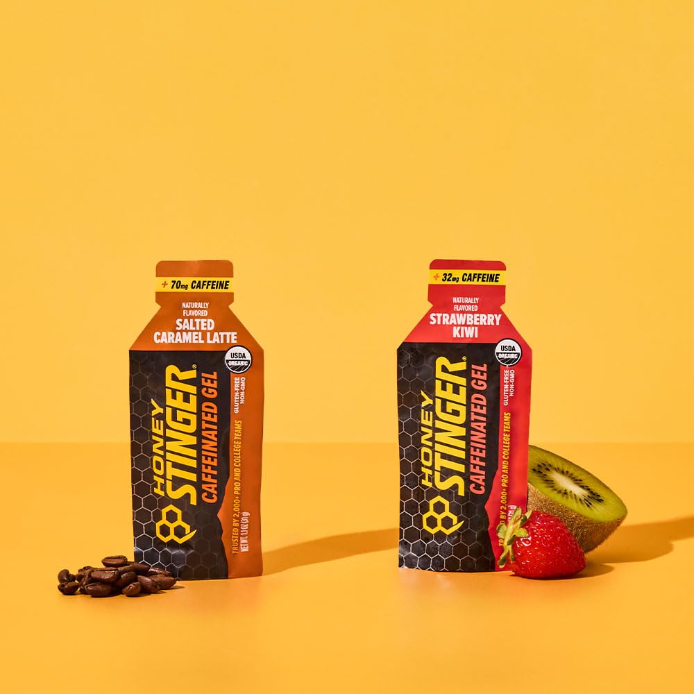 Honey Stinger caffeinated energy gel salted caramel latte sachet, compact on-the-go fueling