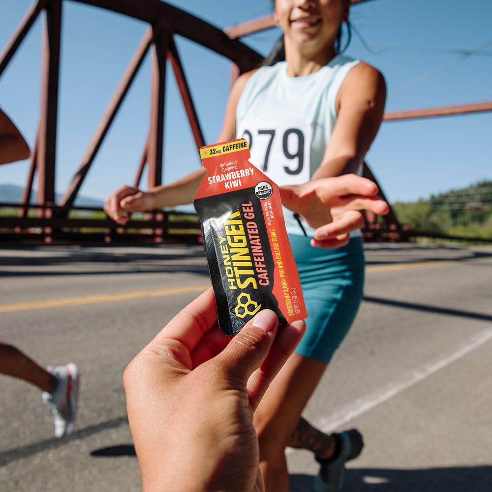 Honey Stinger caffeinated energy gel strawberry kiwi sachet, portable caffeine boost during workouts