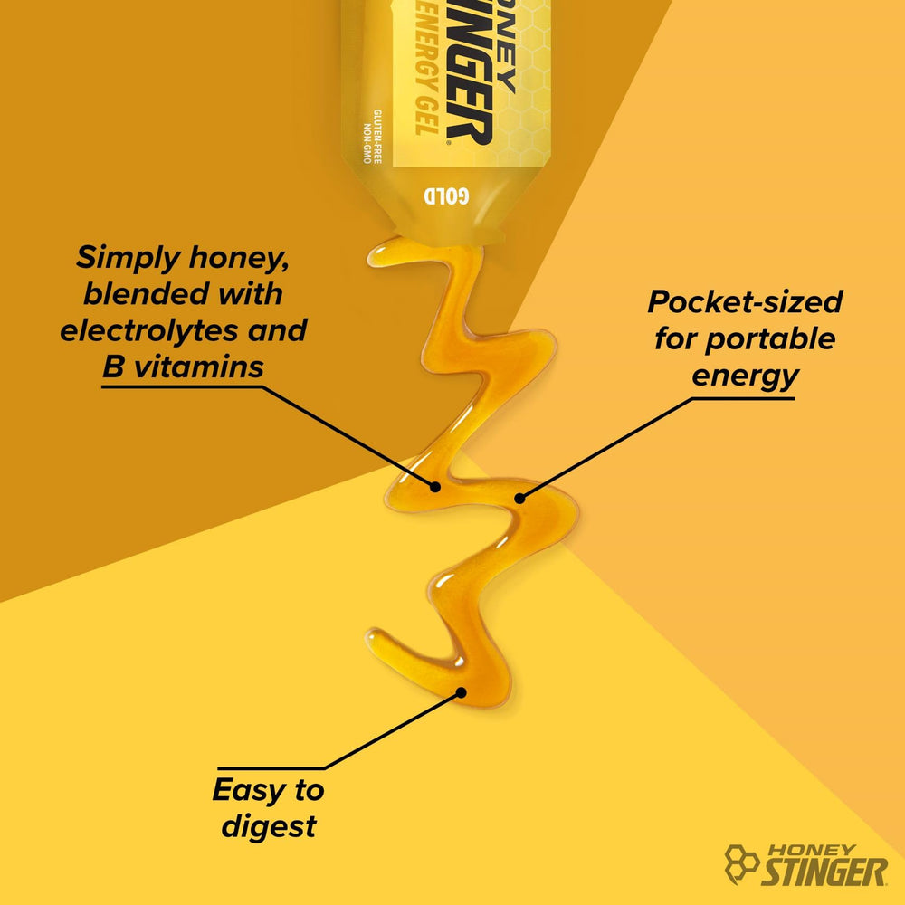 Honey Stinger Gold Energy Gel in hand for on-the-go energy.
