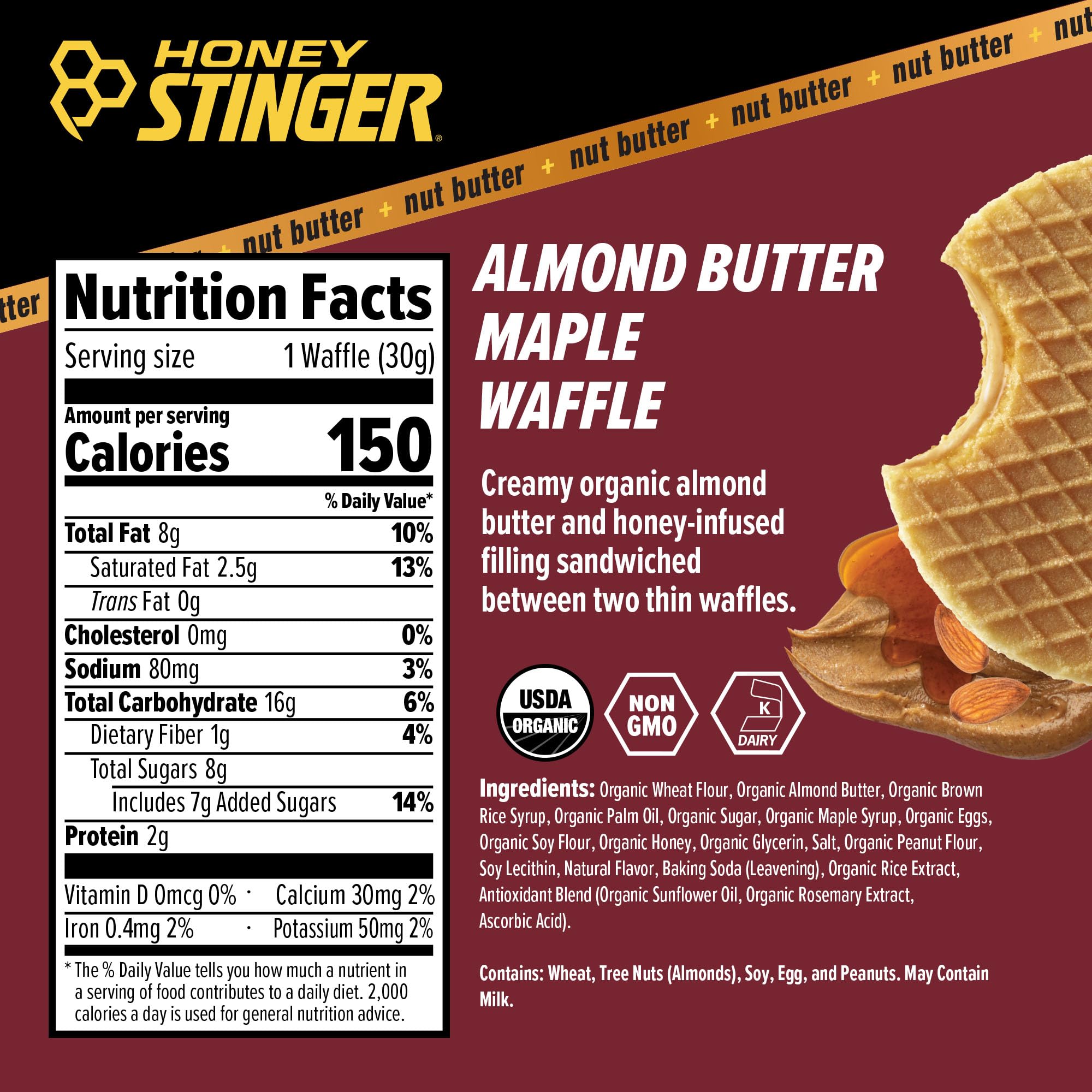 Honey Stinger Organic Almond Butter Maple Waffle inside-cross-section reveals creamy almond butter and maple sweetness.