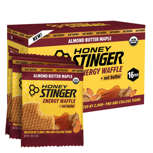 Honey Stinger Organic Almond Butter Maple Waffle pack-front shows a portable energy snack, ideal pre-workout fuel.