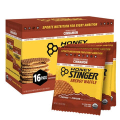 Honey Stinger Organic Cinnamon Waffle 16ct box front view for quick energy on the go.