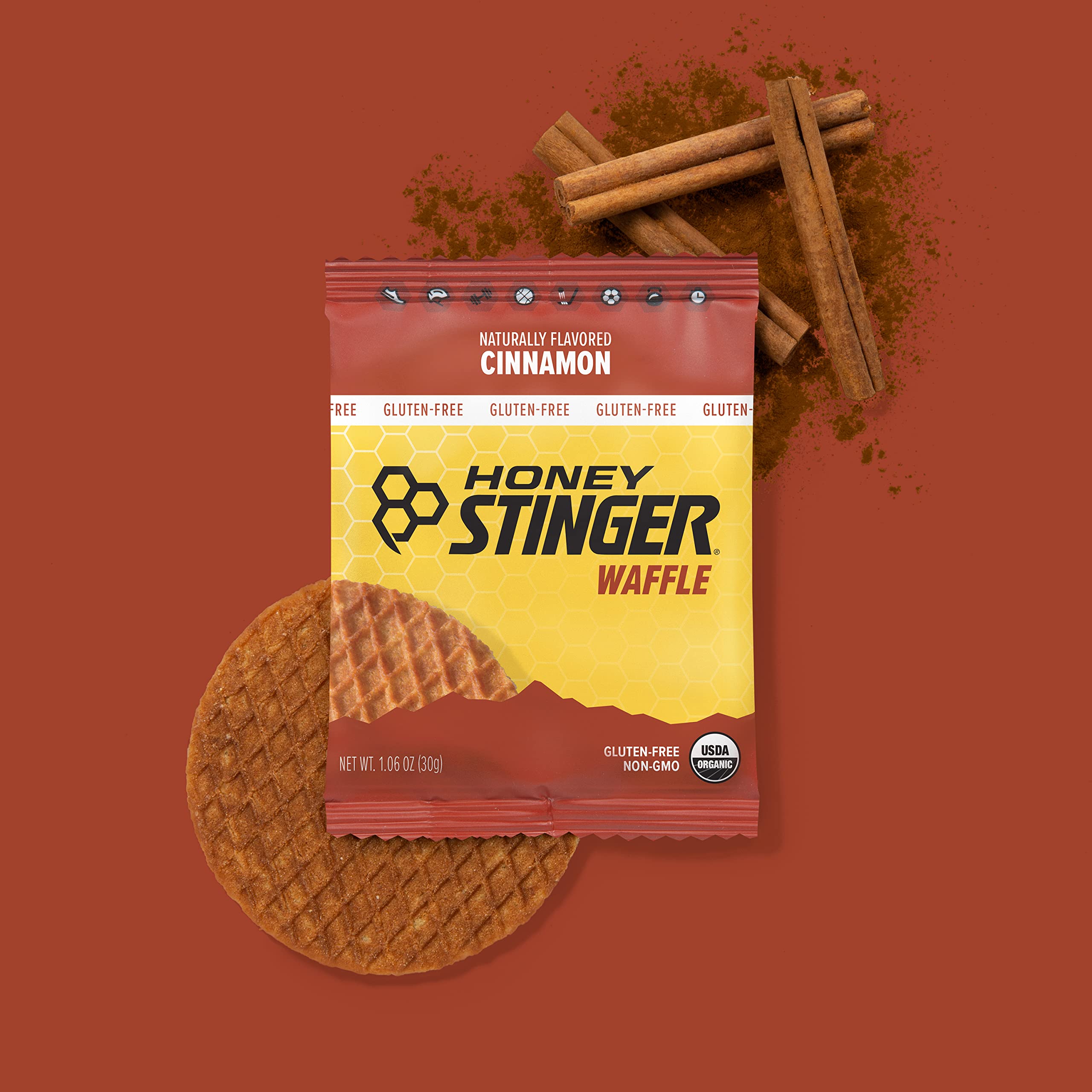 Nutrition label on Honey Stinger Cinnamon Waffle highlights quick carbs for workouts.