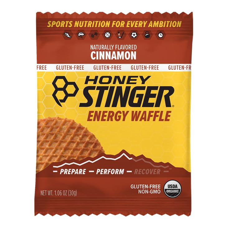 Close-up of Honey Stinger Organic Cinnamon Waffle texture with crisp edges for gluten-free snacking.