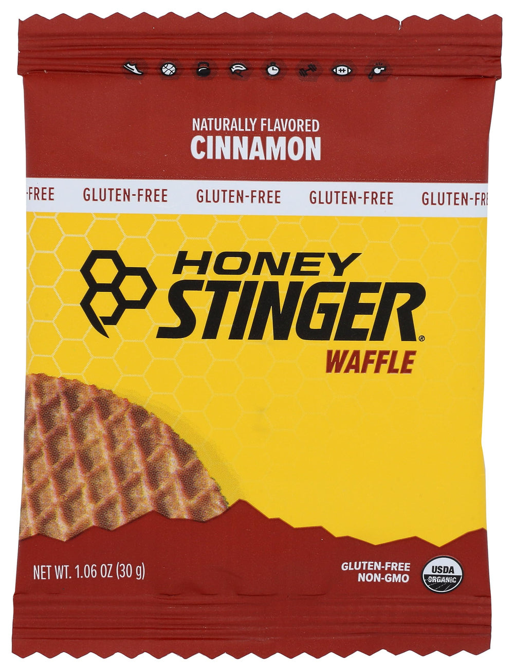 Honey Stinger Organic Cinnamon Waffle packaging displays the USDA Organic badge.