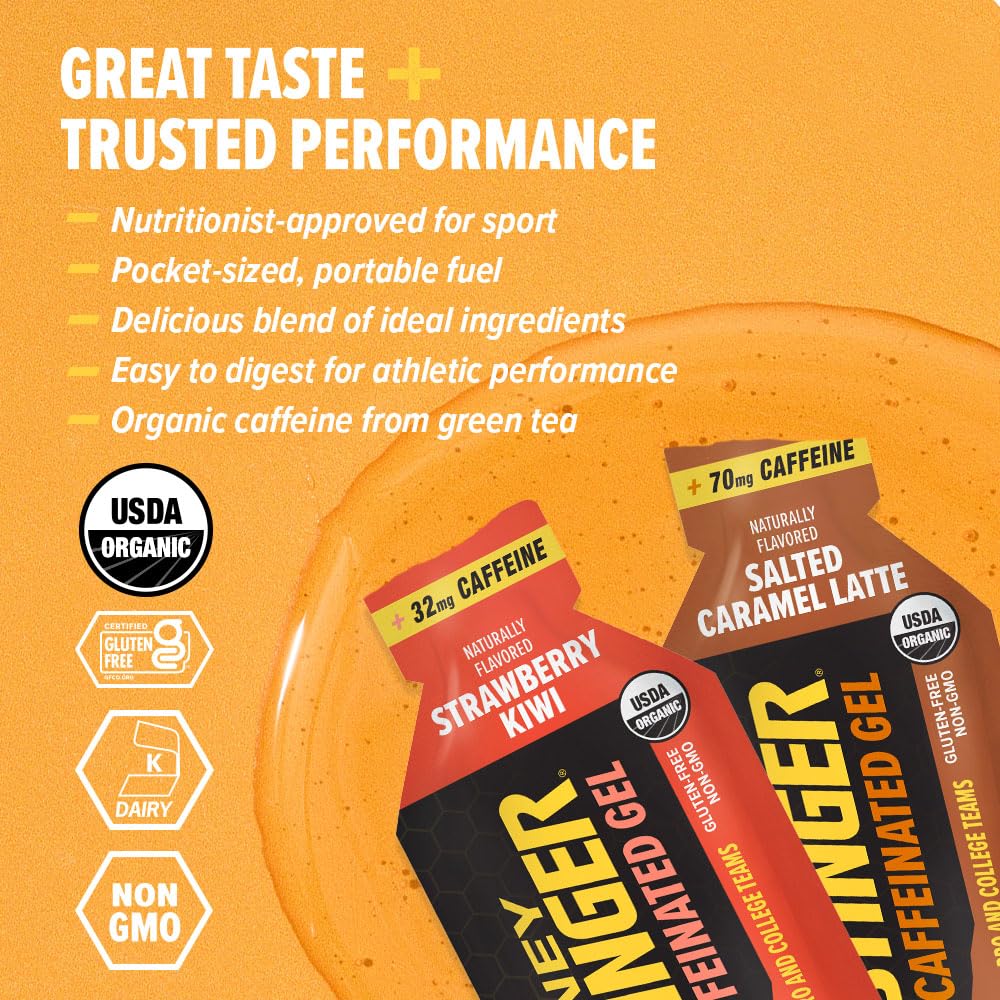 Honey Stinger organic energy gel salted caramel latte, gluten-free formula for endurance-ready fueling