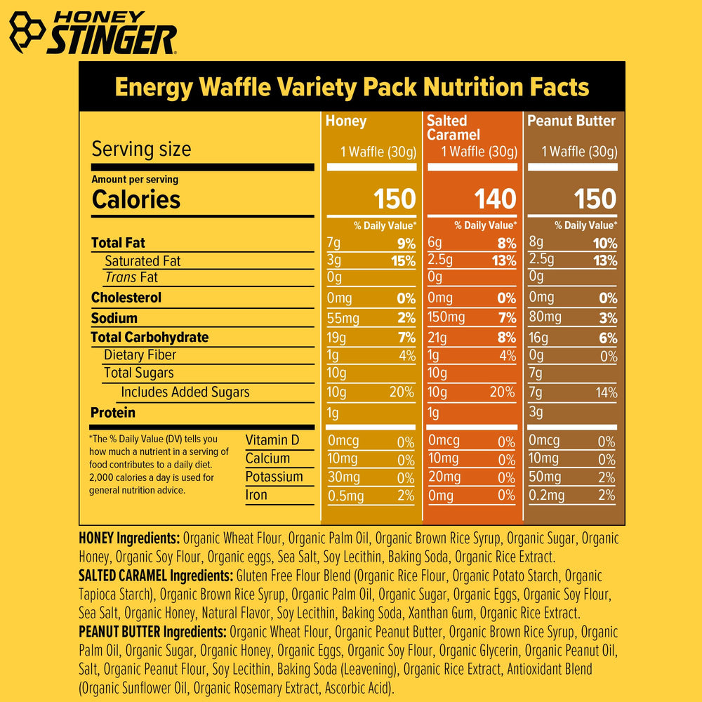 Honey Stinger Organic Energy Waffle pack showing three flavors for on-the-go nutrition
