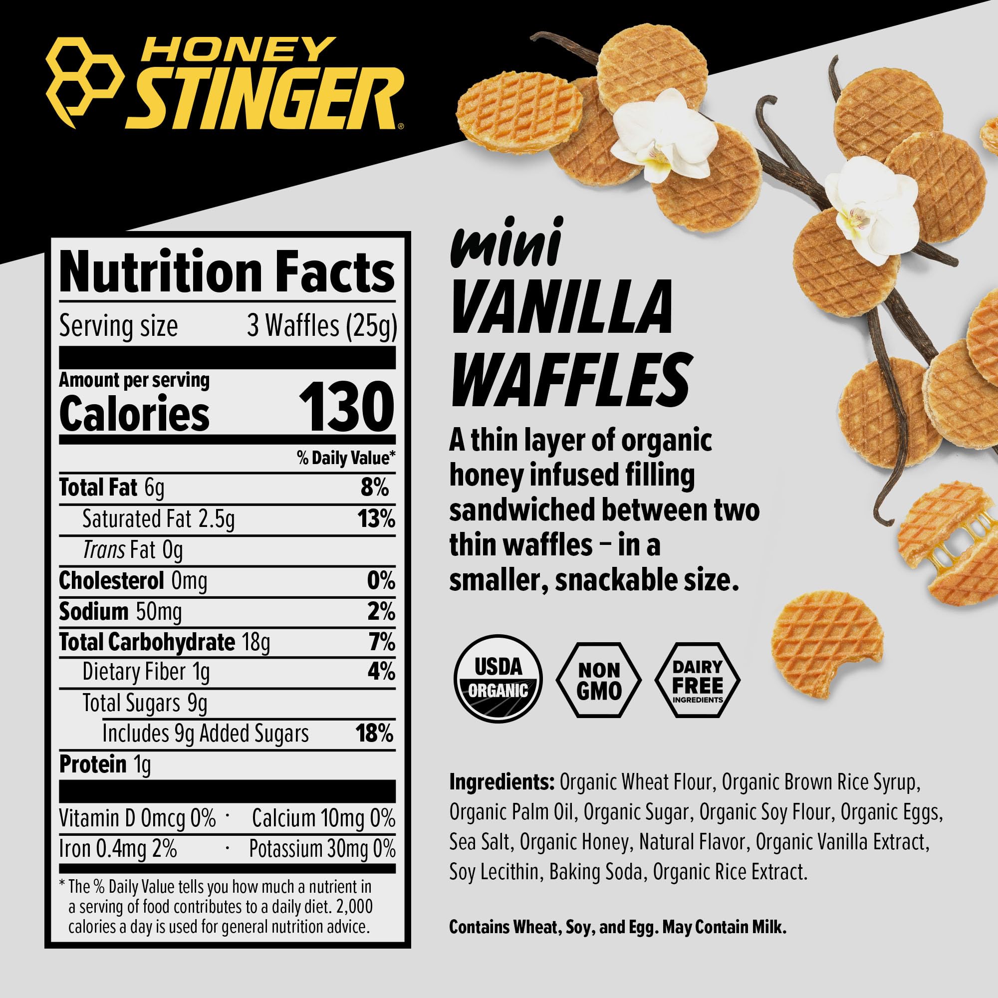 Honey Stinger Organic Mini Vanilla Waffles cross-section shows honey filling for pre-workout energy