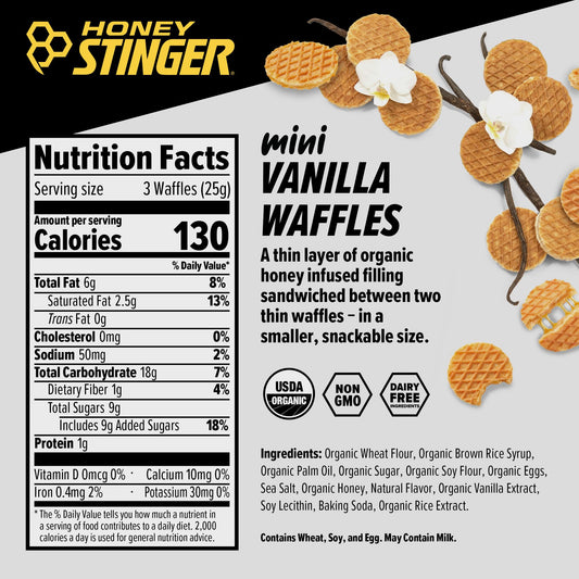 Honey Stinger Organic Mini Vanilla Waffles cross-section shows honey filling for pre-workout energy
