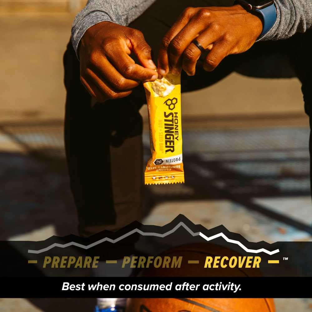 Honey Stinger Recover Peanut Sunflower Nut + Seed Bar for post-workout recovery.