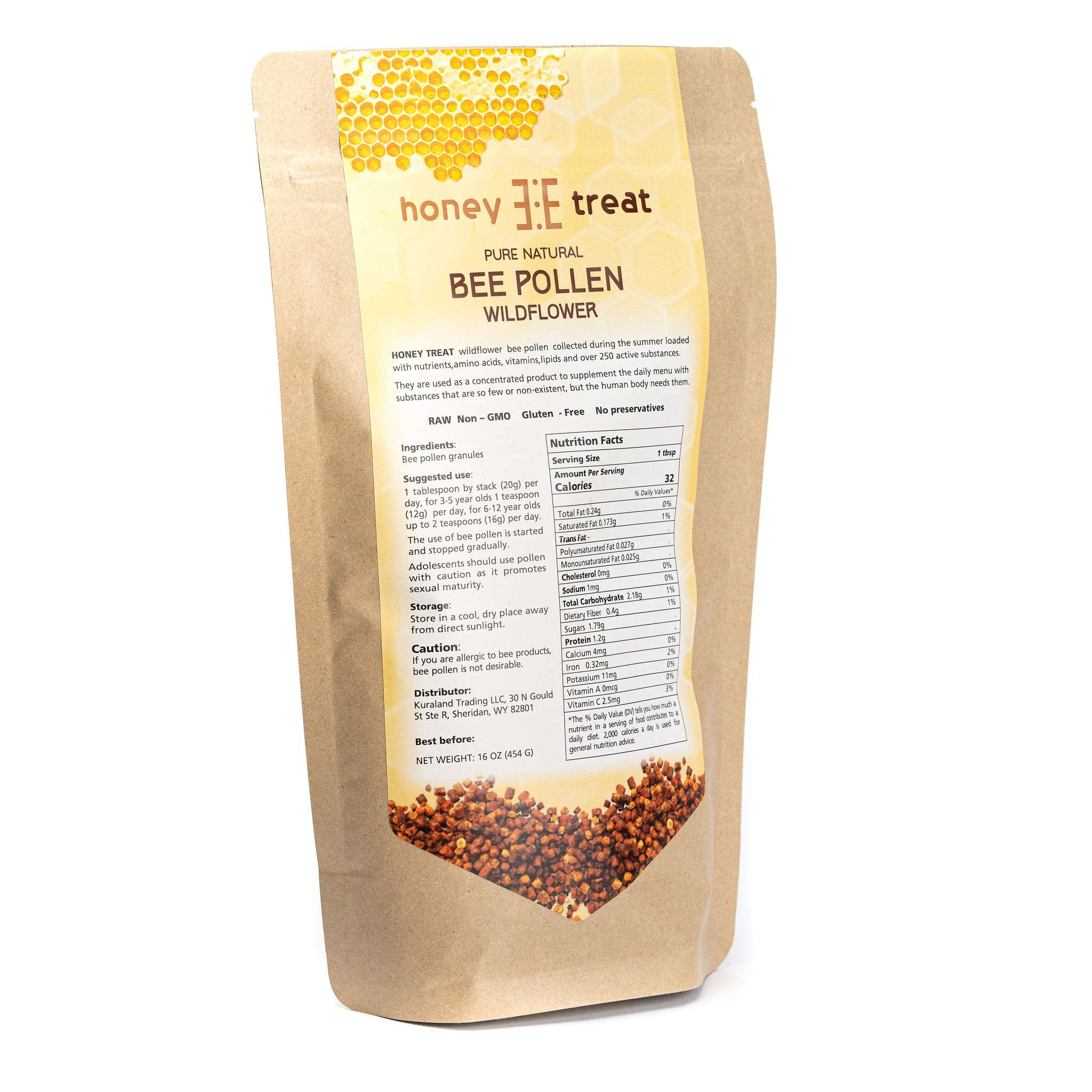 Honey Treat bee pollen granules package convenient daily addition.