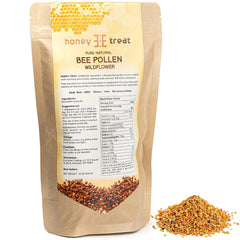 Honey Treat bee pollen granules in a bottle for daily immune support.