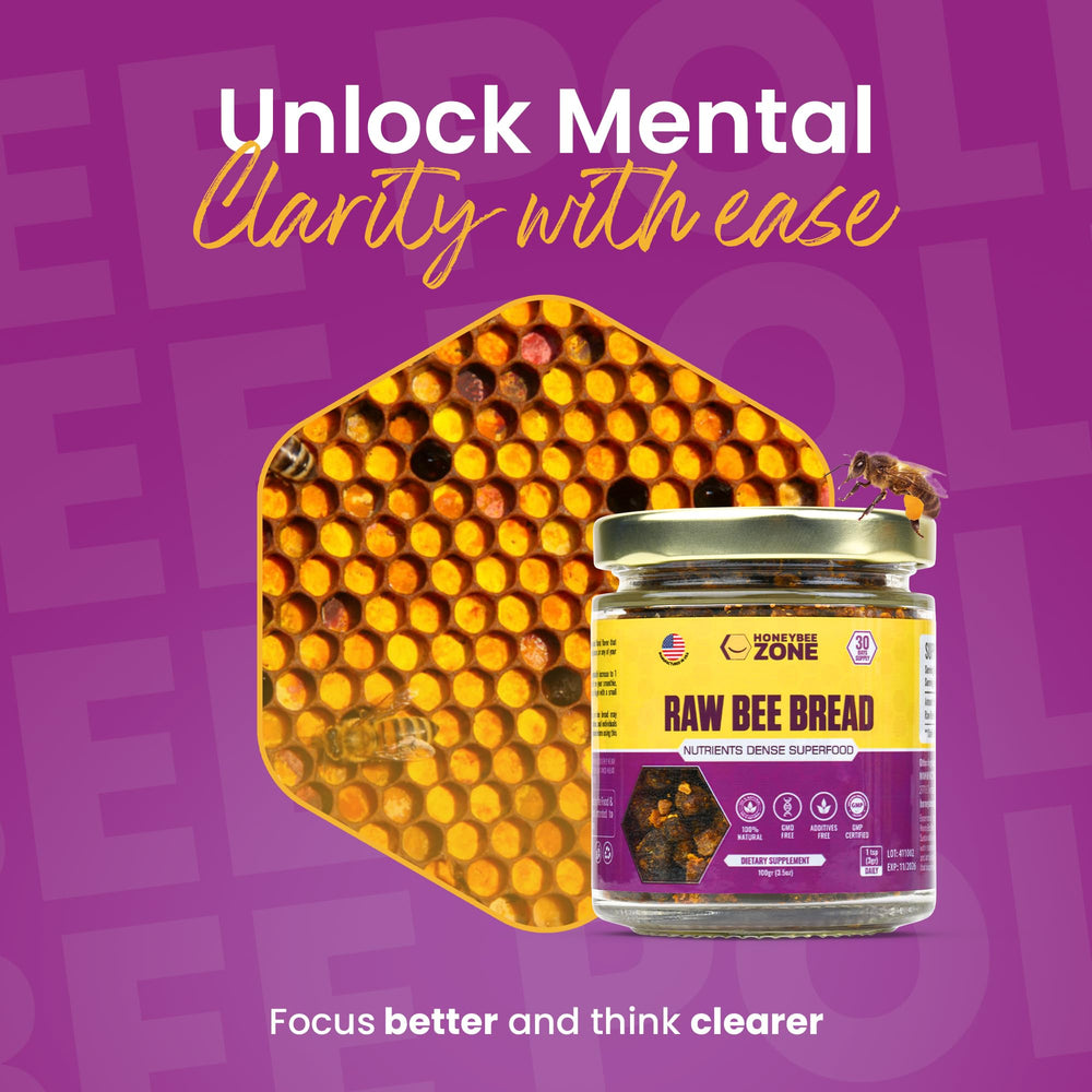 HoneyBeeZone bee bread on spoon for convenient daily serving.