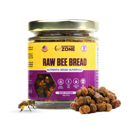 HoneyBeeZone raw bee bread jar shows nutrient-dense granules for daily energy.