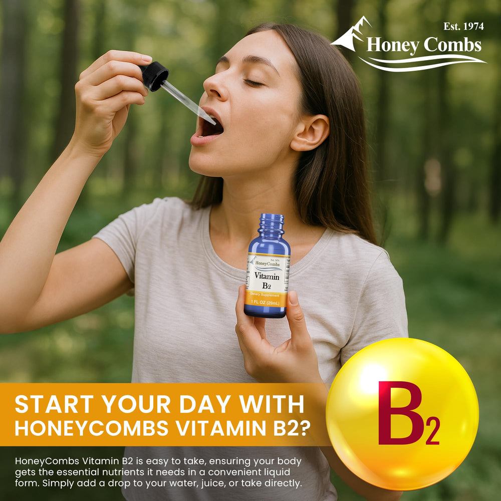 HoneyCombs Vitamin B2 drops pouring for easy daily use.
