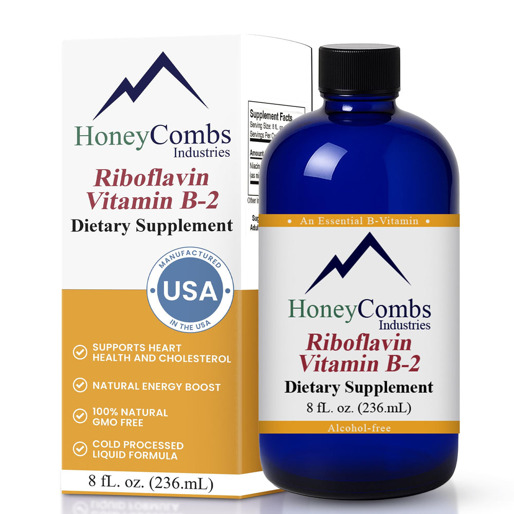 HoneyCombs Vitamin B2 drops bottle for natural energy support.