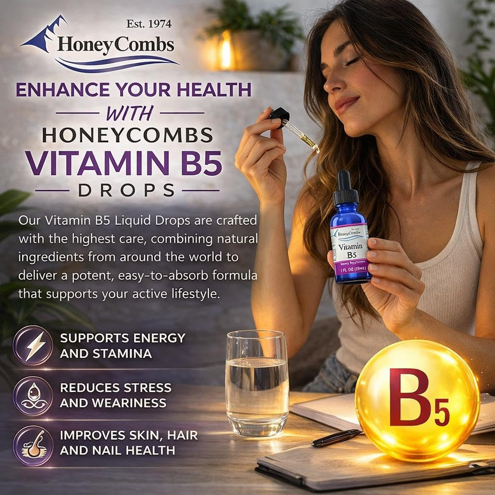HoneyCombs Vitamin B5 drops bottle label highlights vegan, gluten-free formula.