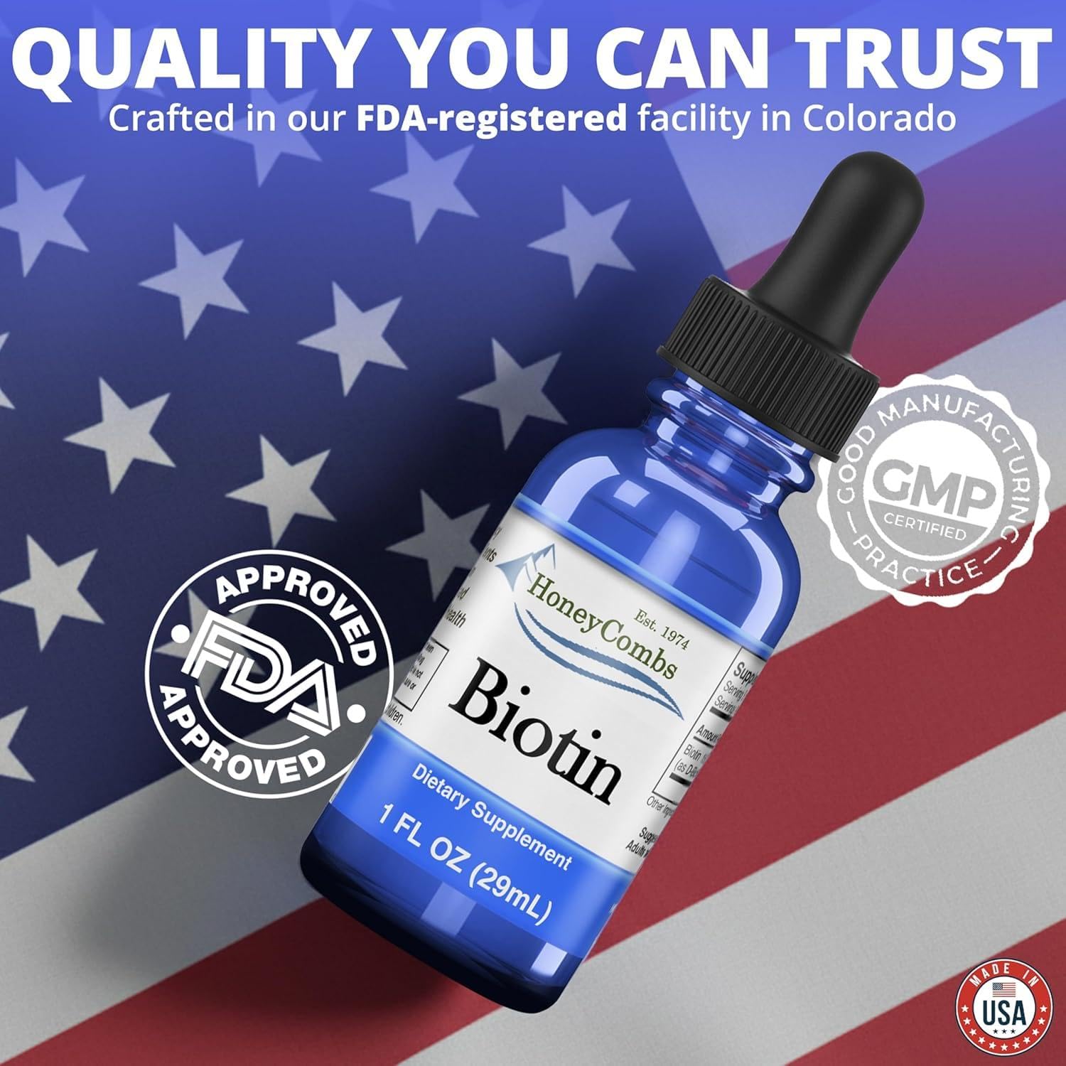 HoneyCombs Biotin Drops daily use bottle sits on your shelf