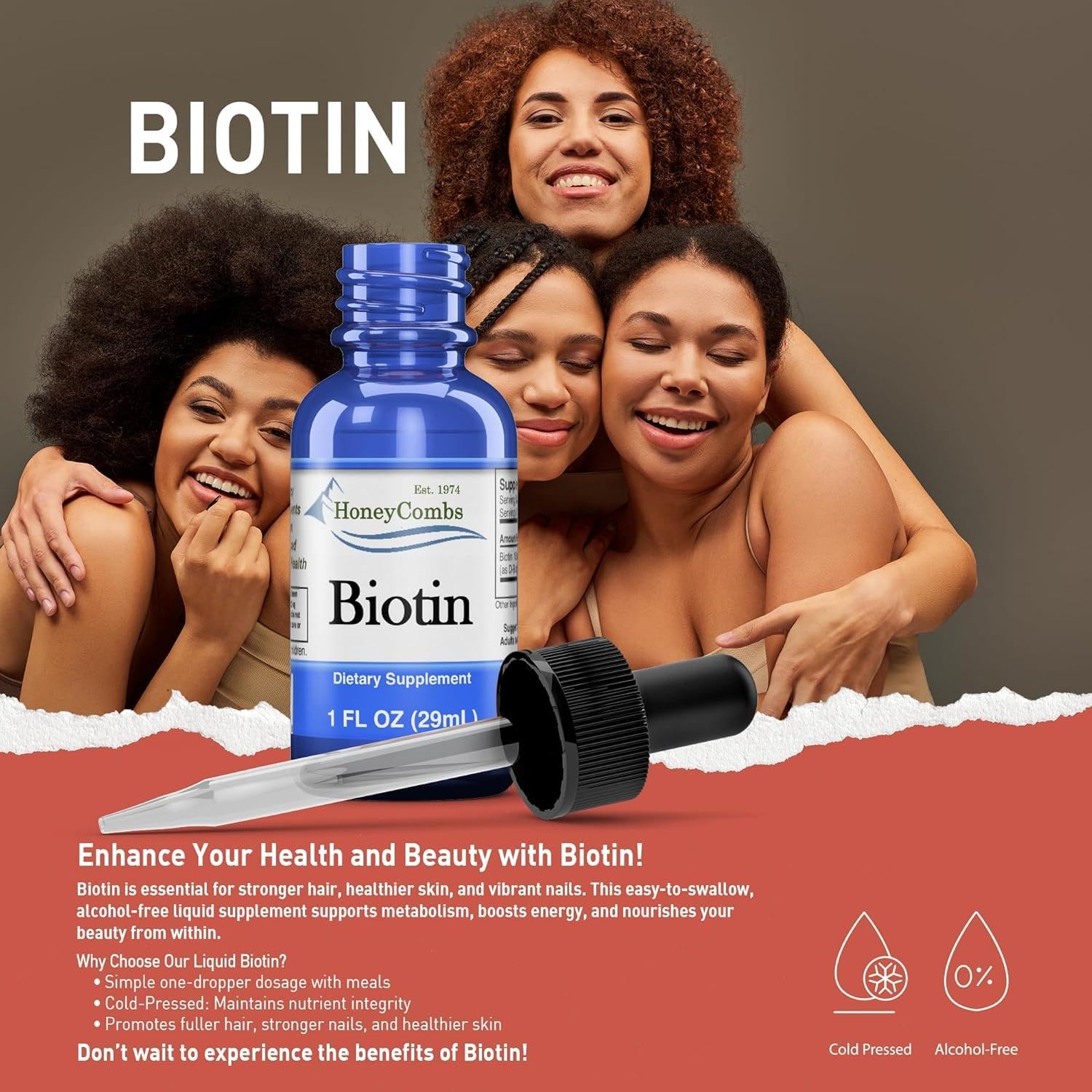 HoneyCombs Biotin Drops USA Made label highlights quality and purity