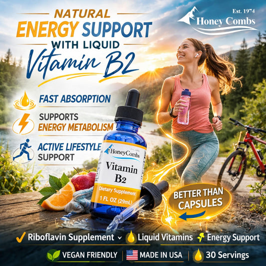 HoneyCombs Liquid Vitamin B2 Drops closeup shows clean, alcohol-free formula.