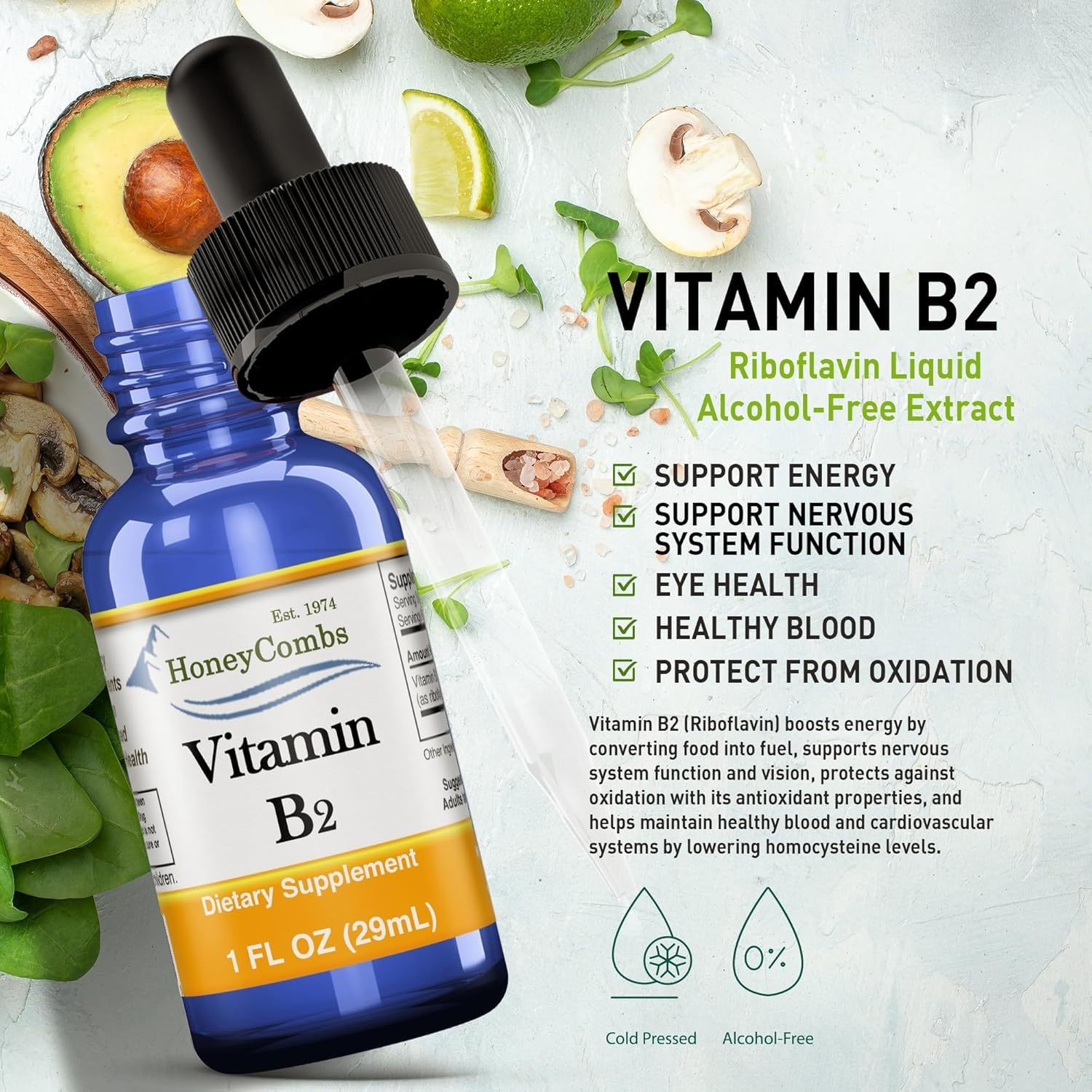 HoneyCombs Vitamin B2 Drops bottle on desk for daily routine.