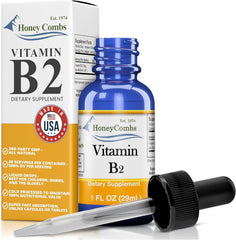 HoneyCombs Liquid Vitamin B2 Drops bottle being poured for daily energy support.