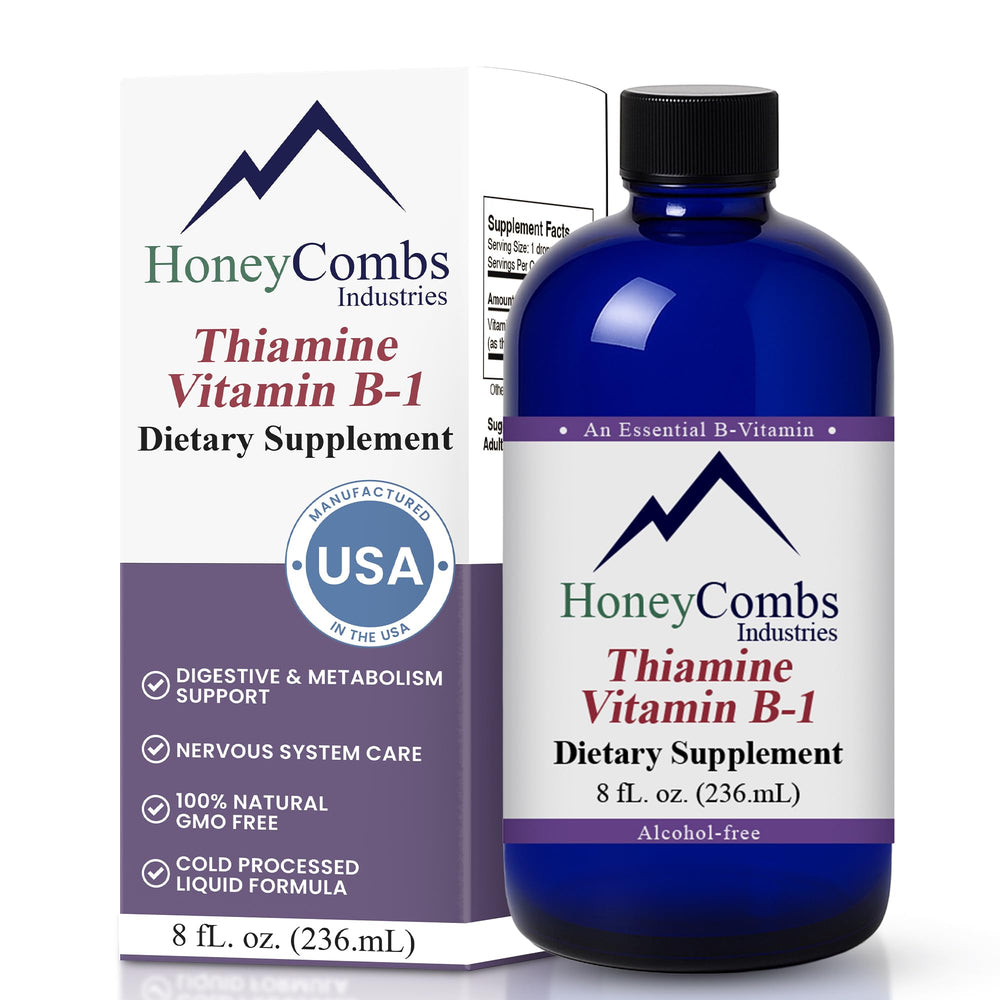 HoneyCombs Thiamine liquid drops bottle for easy daily energy support.