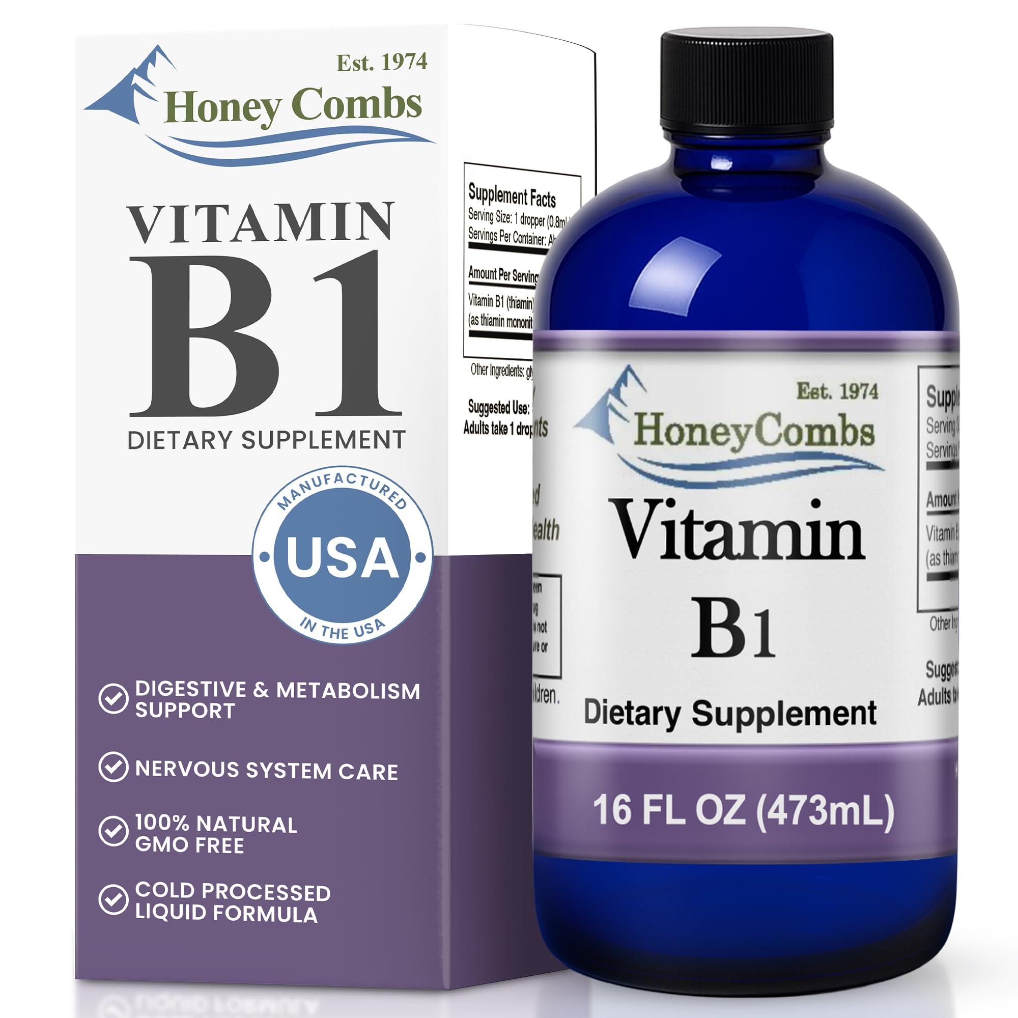 HoneyCombs Vitamin B1 liquid drops bottle for easy daily energy support