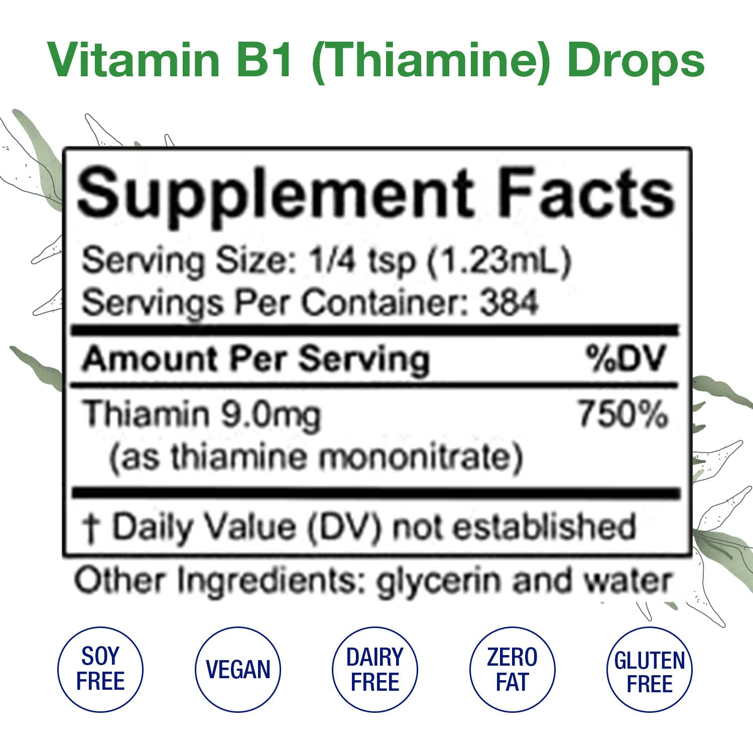 HoneyCombs Vitamin B1 liquid drops label showing vegan, clean ingredients