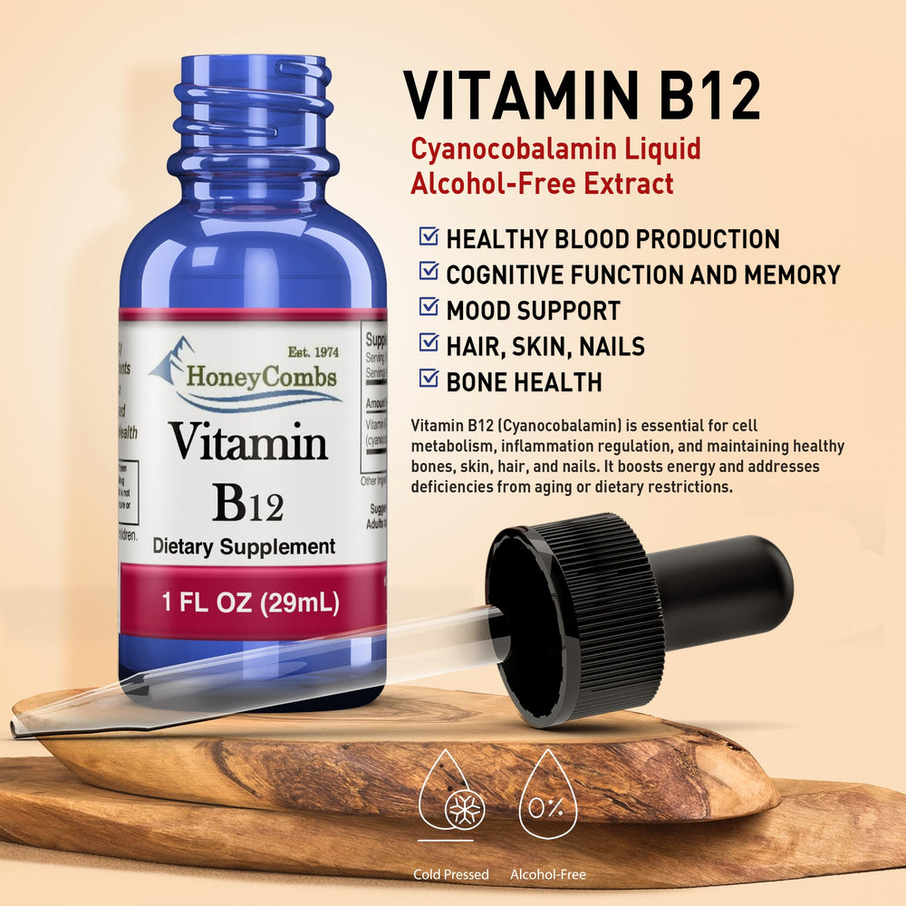 Close-up label shows USA-made vitamin B12 with pure formulation.