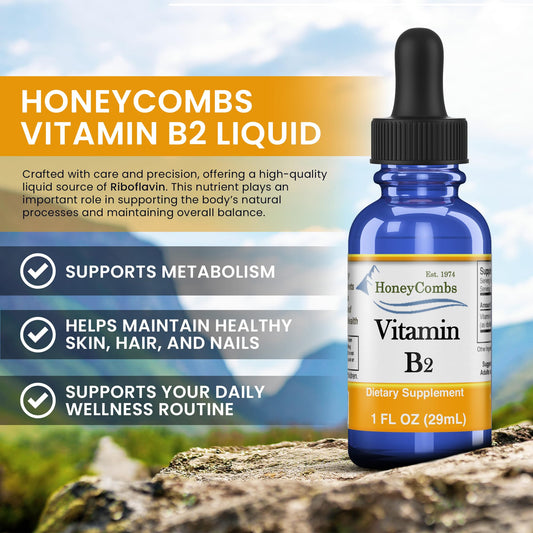 HoneyCombs Vitamin B2 Drops label closeup highlights vegan, clean formula.
