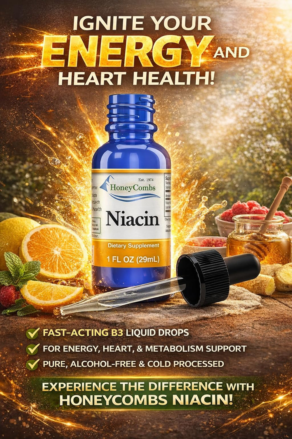HoneyCombs Vitamin B3 liquid bottle showcases USA-made quality and purity.