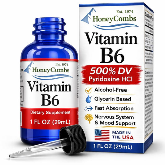 HoneyCombs Vitamin B6 liquid drops bottle ready for daily energy support.