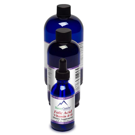 HoneyCombs Vitamin B9 Liquid Drops bottle shown, highlighting high potency folic acid for daily wellness
