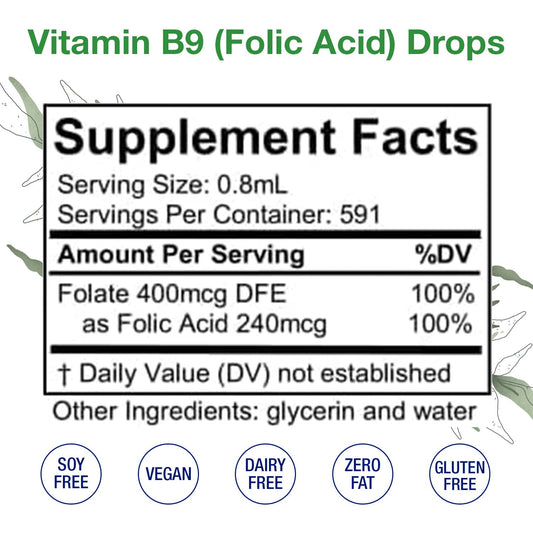 HoneyCombs Vitamin B9 liquid dropper mixed into water for convenient folic acid intake.
