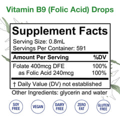 HoneyCombs Vitamin B9 liquid dropper mixed into water for convenient folic acid intake.