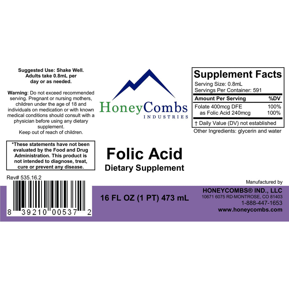 HoneyCombs Vitamin B9 bottle packaging displays vegan, allergen-free formula for prenatal nutrition.