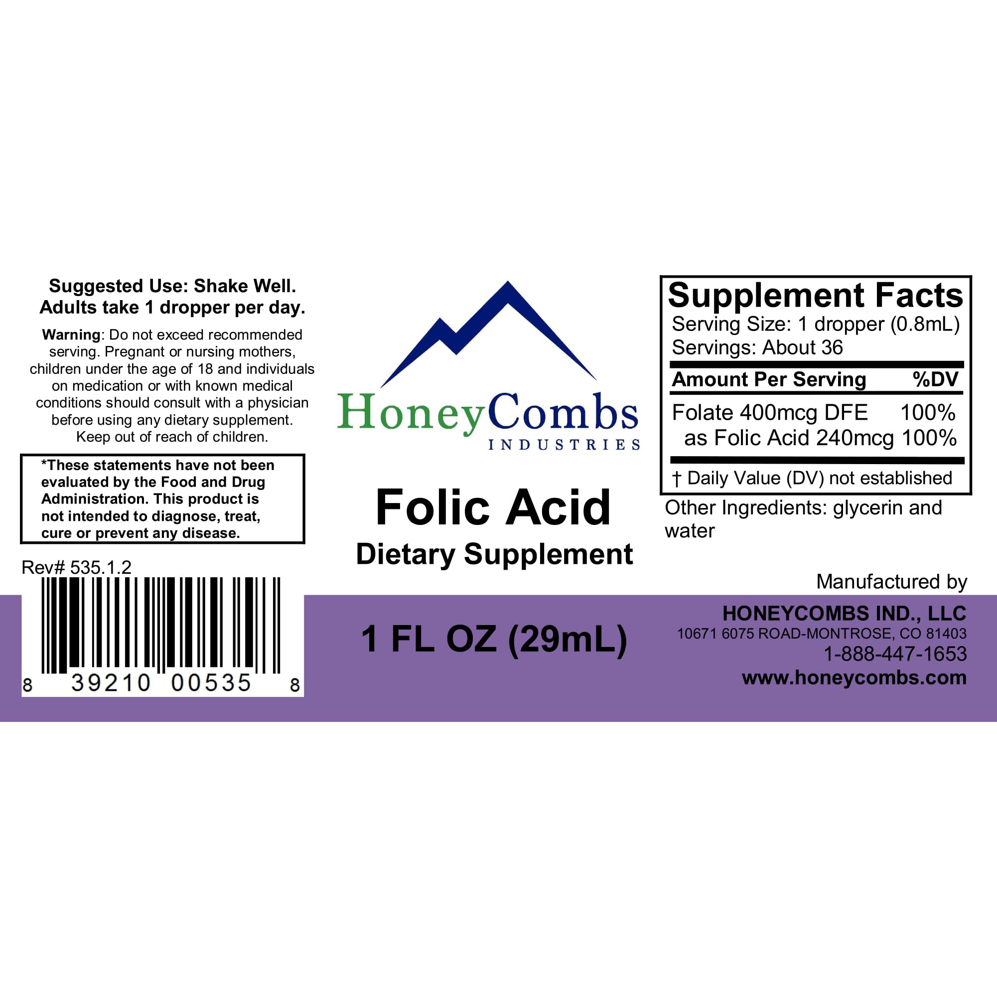 HoneyCombs Vitamin B9 liquid drops pour showing convenient dosing for daily use.
