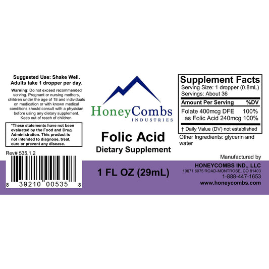 HoneyCombs Vitamin B9 liquid drops pour showing convenient dosing for daily use.